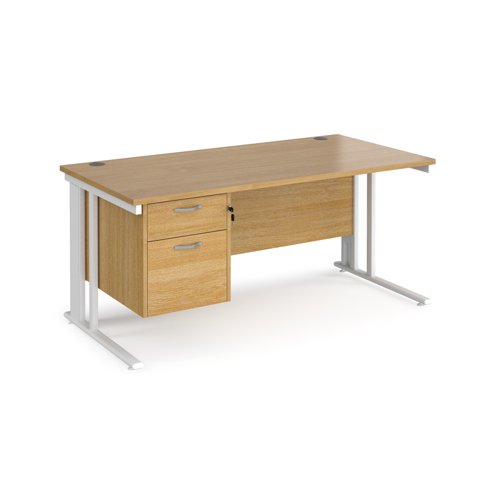 Maestro 25 straight desk 1600mm x 800mm with 2 drawer pedestal - white cable managed leg frame, oak top  MCM16P2WHO