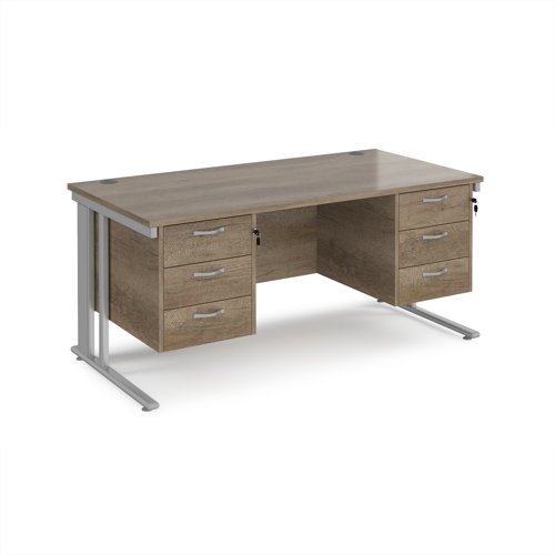 Maestro 25 straight desk 1600mm x 800mm with two x 3 drawer pedestals - silver cable managed leg frame, nebraska oak top