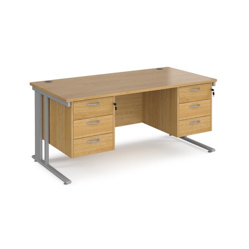 Office Desk Rectangular Desk 1600mm With Double Pedestal Oak Top With Silver Frame 800mm Depth Maestro 25 Mcm16p33so