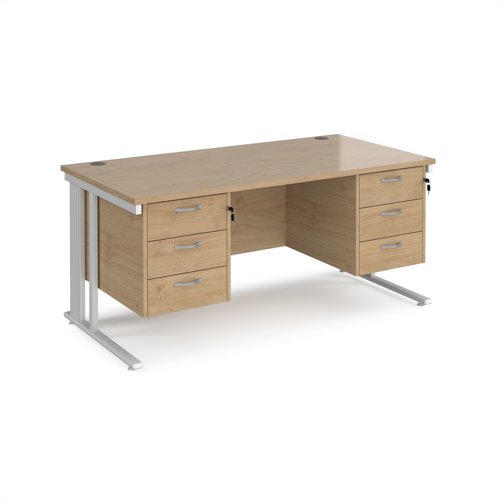 Maestro 25 straight desk 1600mm x 800mm with two x 3 drawer pedestals - white cable managed leg frame, kendal oak top
