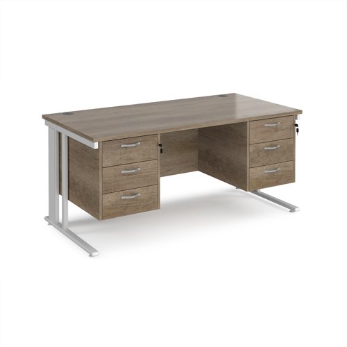 Maestro 25 straight desk 1600mm x 800mm with two x 3 drawer pedestals - white cable managed leg frame, nebraska oak top