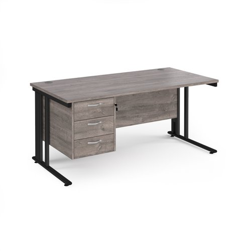 Maestro 25 straight desk 1600mm x 800mm with 3 drawer pedestal - black cable managed leg frame, grey oak top