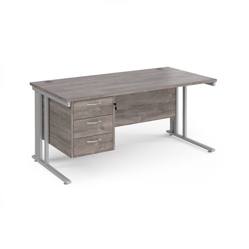 Maestro 25 straight desk 1600mm x 800mm with 3 drawer pedestal - silver cable managed leg frame, grey oak top