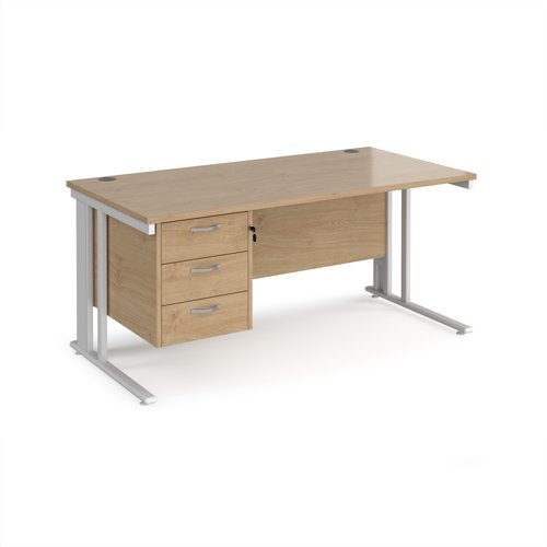 Maestro 25 straight desk 1600mm x 800mm with 3 drawer pedestal - white cable managed leg frame, kendal oak top