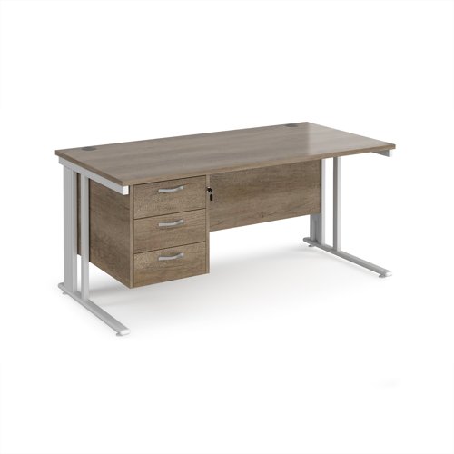Maestro 25 straight desk 1600mm x 800mm with 3 drawer pedestal - white cable managed leg frame, nebraska oak top