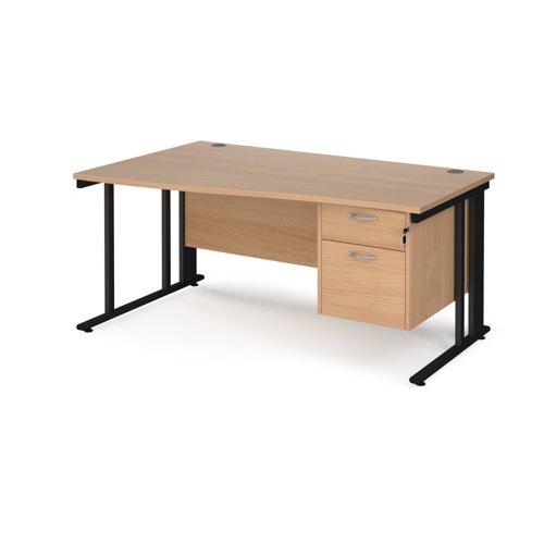 Office Desk Left Hand Wave Desk 1600mm With Pedestal Beech Top With Black Frame Maestro 25 Mcm16wlp2kb