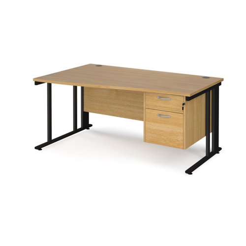 Office Desk Left Hand Wave Desk 1600mm With Pedestal Oak Top With Black Frame Maestro 25 Mcm16wlp2ko