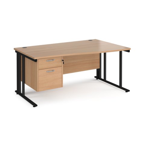 Maestro 25 right hand wave desk 1600mm wide with 2 drawer pedestal - black cable managed leg frame, beech top