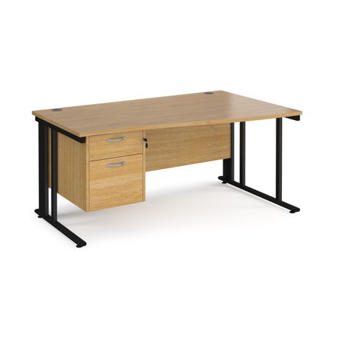 Maestro 25 right hand wave desk 1600mm wide with 2 drawer pedestal - black cable managed leg frame, oak top