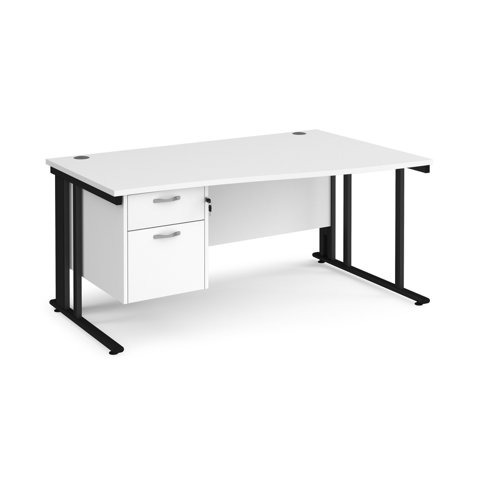Maestro 25 right hand wave desk 1600mm wide with 2 drawer pedestal - black cable managed leg frame, white top