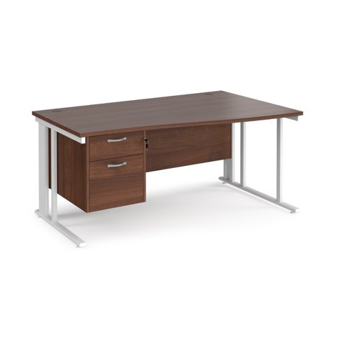 Maestro 25 right hand wave desk 1600mm wide with 2 drawer pedestal - white cable managed leg frame, walnut top