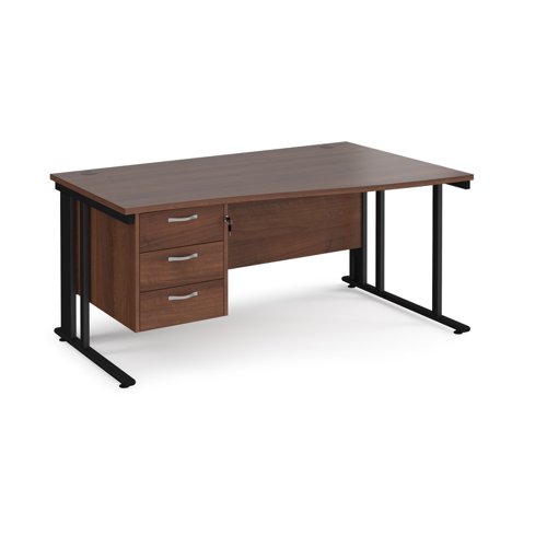 Maestro 25 right hand wave desk 1600mm wide with 3 drawer pedestal - black cable managed leg frame, walnut top
