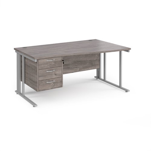 Maestro 25 Right Hand Wave Desk 1600mm Wide With 3 Drawer Pedestal Silver Cable Managed Leg Frame Grey Oak Top