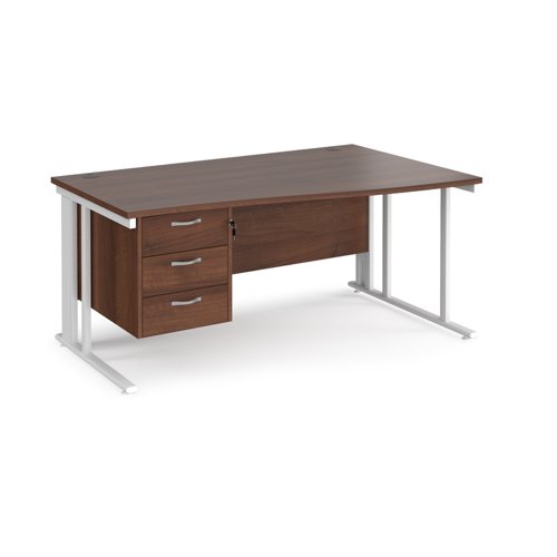 Maestro 25 right hand wave desk 1600mm wide with 3 drawer pedestal - white cable managed leg frame, walnut top