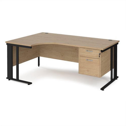 Maestro 25 left hand ergonomic desk 1800mm wide with 2 drawer pedestal - black cable managed leg frame, kendal oak top