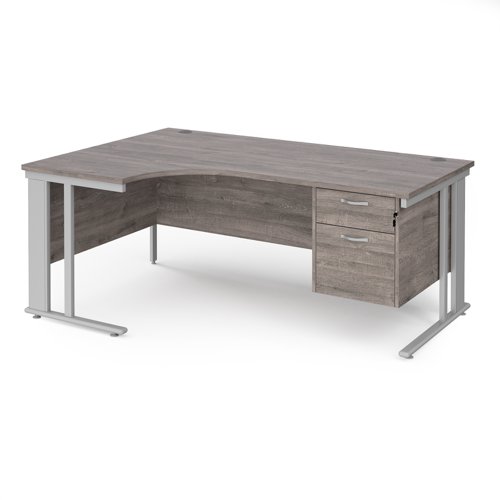 Maestro 25 left hand ergonomic desk 1800mm wide with 2 drawer pedestal - silver cable managed leg frame, grey oak top