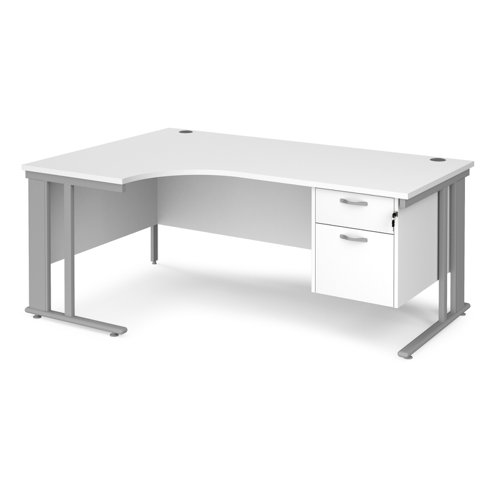 Maestro 25 left hand ergonomic desk 1800mm wide with 2 drawer pedestal - silver cable managed leg frame, white top