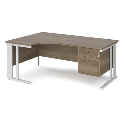 Maestro 25 left hand ergonomic desk 1800mm wide with 2 drawer pedestal - white cable managed leg frame, nebraska oak top