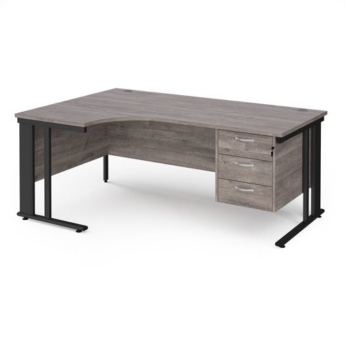 Maestro 25 left hand ergonomic desk 1800mm wide with 3 drawer pedestal - black cable managed leg frame, grey oak top