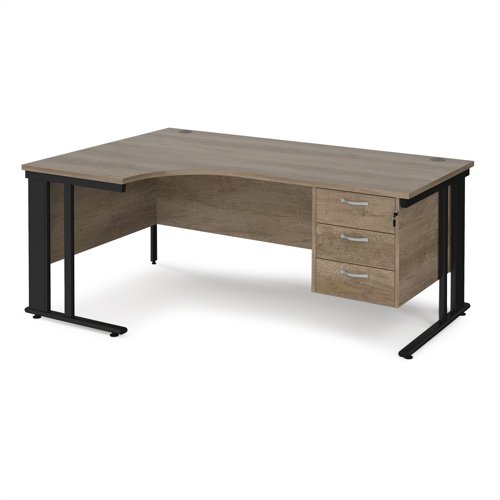 Maestro 25 left hand ergonomic desk 1800mm wide with 3 drawer pedestal - black cable managed leg frame, nebraska oak top