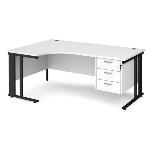 Maestro 25 left hand ergonomic desk 1800mm wide with 3 drawer pedestal - black cable managed leg frame, white top