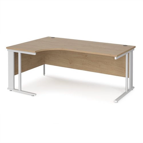 Maestro 25 left hand ergonomic desk 1800mm wide - white cable managed leg frame, kendal oak top