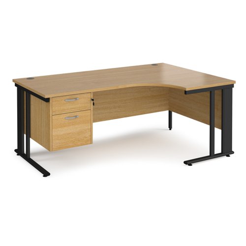 Maestro 25 right hand ergonomic desk 1800mm wide with 2 drawer pedestal - black cable managed leg frame, oak top