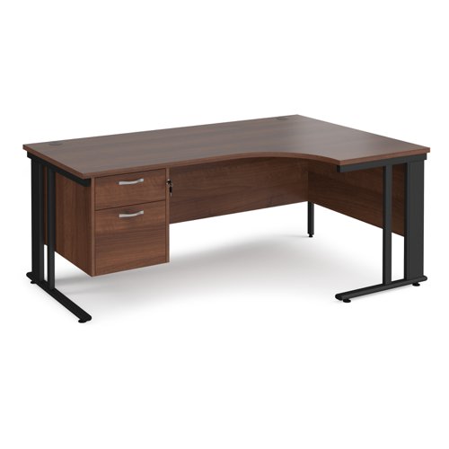 Maestro 25 right hand ergonomic desk 1800mm wide with 2 drawer pedestal - black cable managed leg frame, walnut top