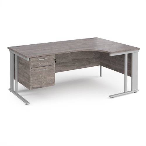 Maestro 25 right hand ergonomic desk 1800mm wide with 2 drawer pedestal - silver cable managed leg frame, grey oak top