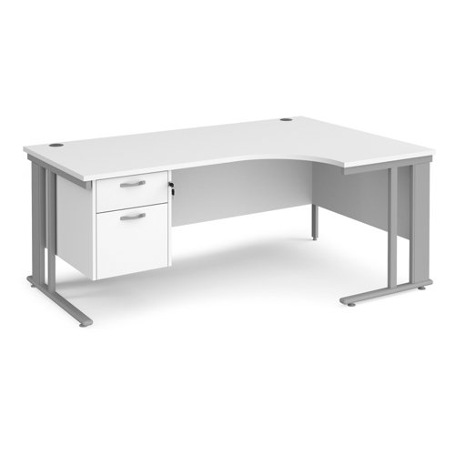 Maestro 25 right hand ergonomic desk 1800mm wide with 2 drawer pedestal - silver cable managed leg frame, white top