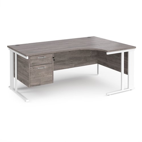 Maestro 25 right hand ergonomic desk 1800mm wide with 2 drawer pedestal - white cable managed leg frame, grey oak top