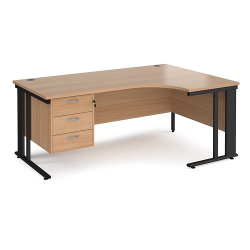 Maestro 25 right hand ergonomic desk 1800mm wide with 3 drawer pedestal - black cable managed leg frame, beech top