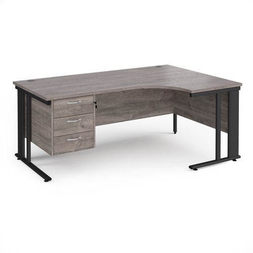 Maestro 25 Right Hand Ergonomic Desk 1800mm Wide With 3 Drawer Pedestal Black Cable Managed Leg Frame Grey Oak Top