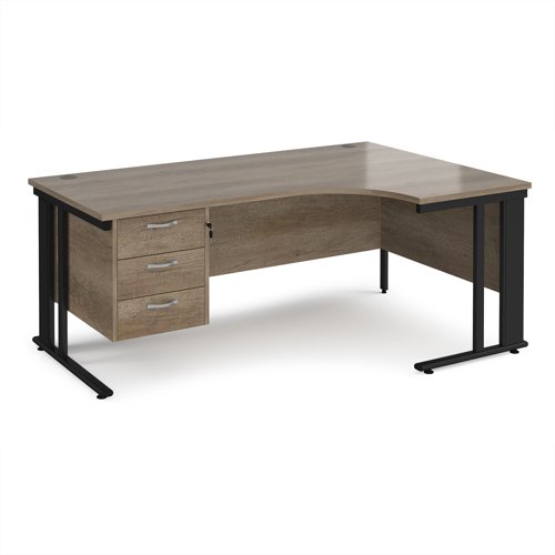 Maestro 25 right hand ergonomic desk 1800mm wide with 3 drawer pedestal - black cable managed leg frame, nebraska oak top
