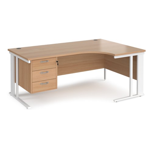 Maestro 25 right hand ergonomic desk 1800mm wide with 3 drawer pedestal - white cable managed leg frame, beech top