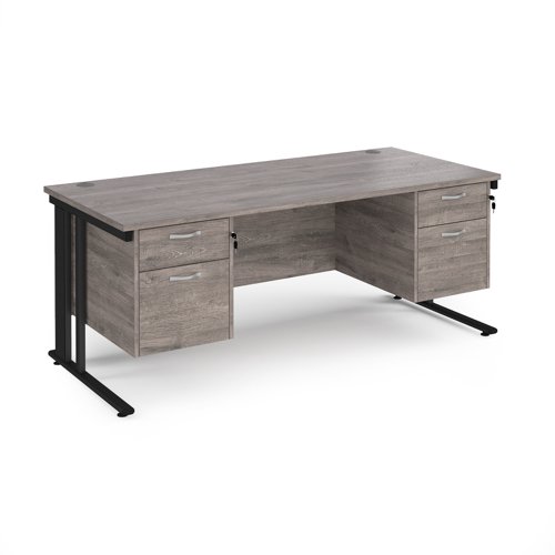 Maestro 25 straight desk 1800mm x 800mm with two x 2 drawer pedestals - black cable managed leg frame, grey oak top