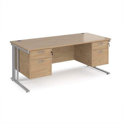 Maestro 25 straight desk 1800mm x 800mm with two x 2 drawer pedestals - silver cable managed leg frame, kendal oak top