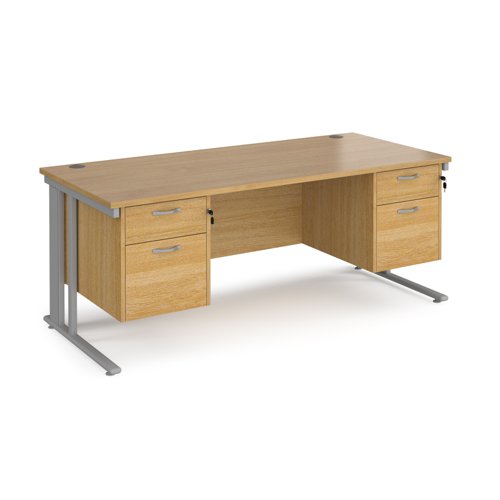 Maestro 25 straight desk 1800mm x 800mm with two x 2 drawer pedestals - silver cable managed leg frame, oak top