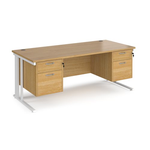 Maestro 25 straight desk 1800mm x 800mm with two x 2 drawer pedestals - white cable managed leg frame, oak top