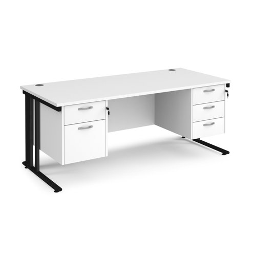 Maestro 25 straight desk 1800mm x 800mm with 2 and 3 drawer pedestals - black cable managed leg frame, white top