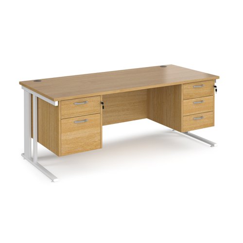 Maestro 25 straight desk 1800mm x 800mm with 2 and 3 drawer pedestals - white cable managed leg frame, oak top