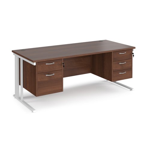 Maestro 25 straight desk 1800mm x 800mm with 2 and 3 drawer pedestals - white cable managed leg frame, walnut top