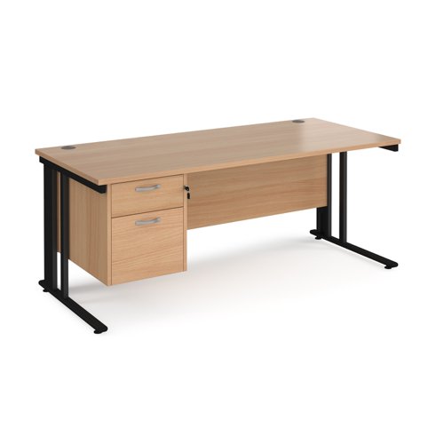 Maestro 25 straight desk 1800mm x 800mm with 2 drawer pedestal - black cable managed leg frame, beech top