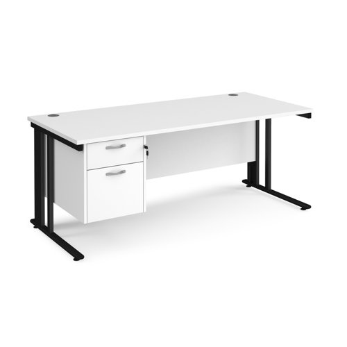 Maestro 25 straight desk 1800mm x 800mm with 2 drawer pedestal - black cable managed leg frame, white top