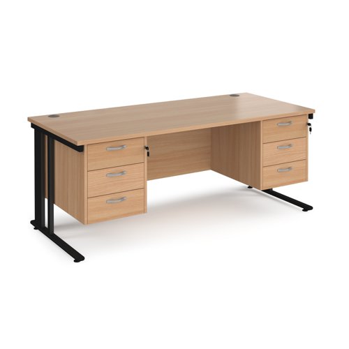 Maestro 25 straight desk 1800mm x 800mm with two x 3 drawer pedestals - black cable managed leg frame, beech top