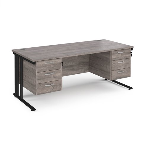 Maestro 25 straight desk 1800mm x 800mm with two x 3 drawer pedestals - black cable managed leg frame, grey oak top