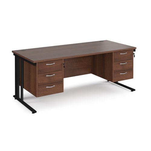 Maestro 25 straight desk 1800mm x 800mm with two x 3 drawer pedestals - black cable managed leg frame, walnut top
