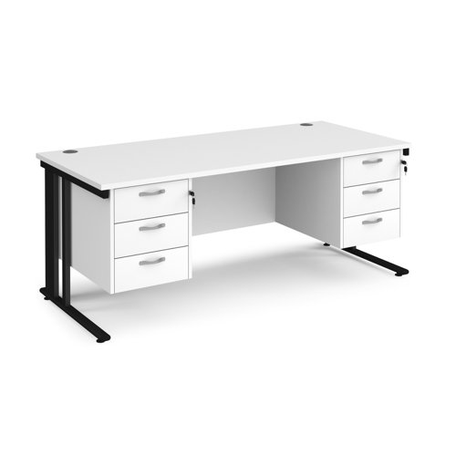 Maestro 25 straight desk 1800mm x 800mm with two x 3 drawer pedestals - black cable managed leg frame, white top