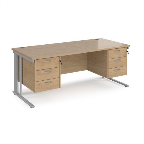 Maestro 25 straight desk 1800mm x 800mm with two x 3 drawer pedestals - silver cable managed leg frame, kendal oak top
