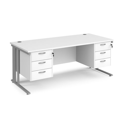 Maestro 25 straight desk 1800mm x 800mm with two x 3 drawer pedestals - silver cable managed leg frame, white top